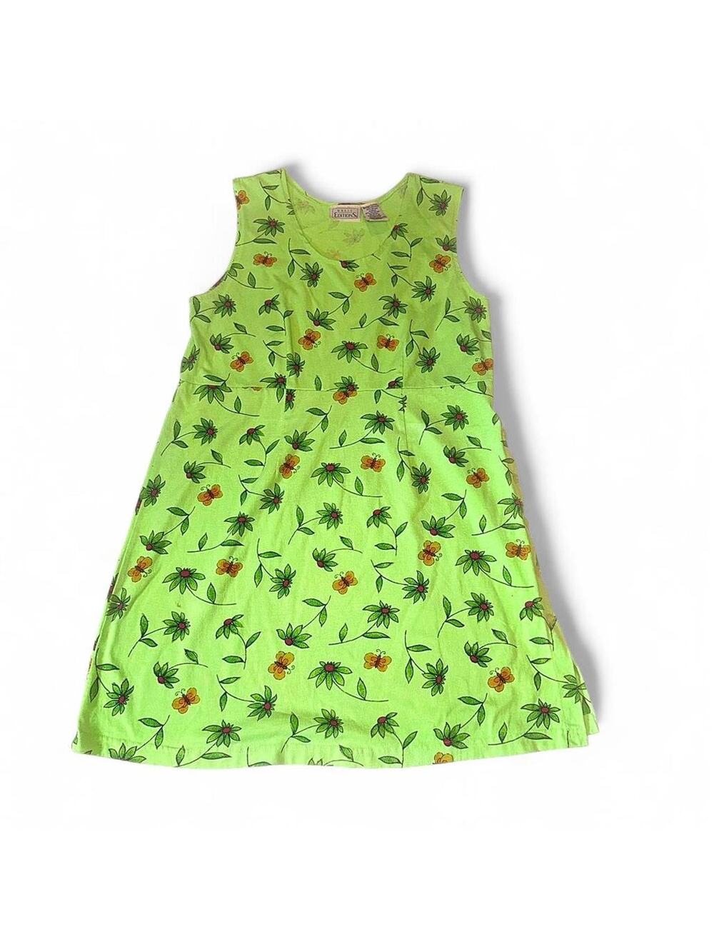 Vtg Y2K Basic Editions Bright Green Floral Butterfly Dress XXL Fairycore Plus